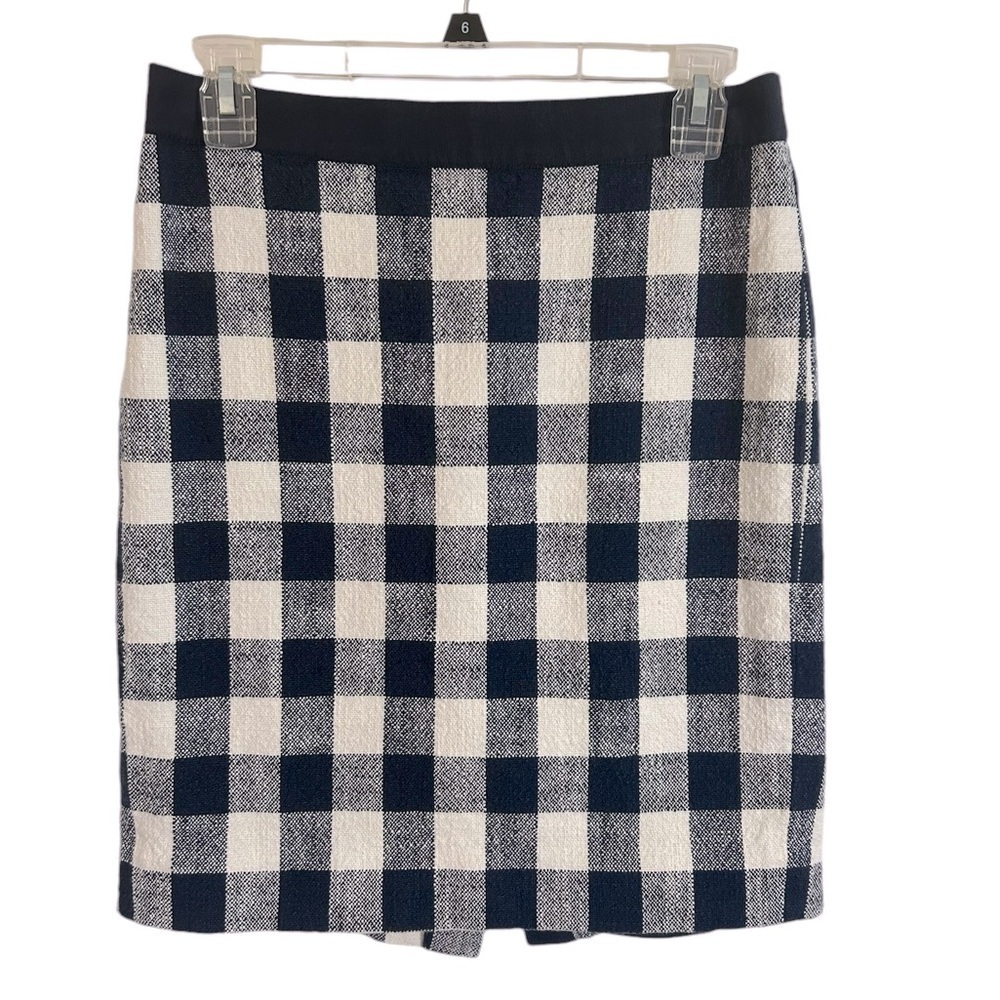 J. Crew Navy & White Plaid Gingham Textured “The Pencil Skirt” Women’s Sz 4